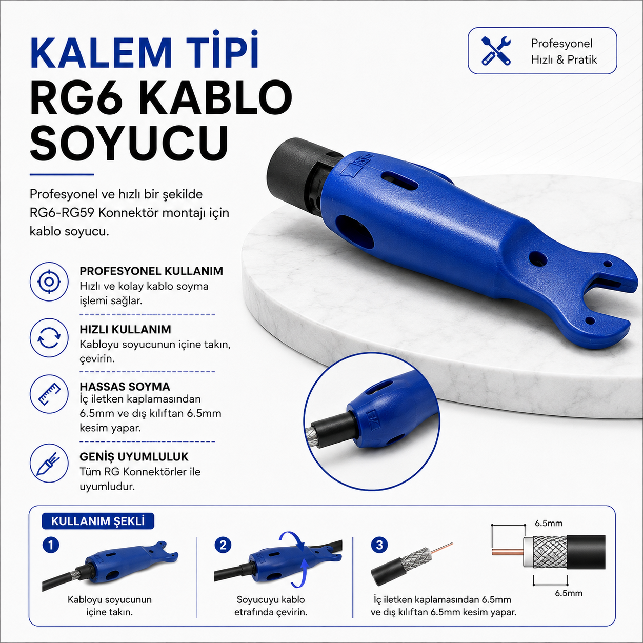Kalem Tipi RG6 Kablo Soyucu