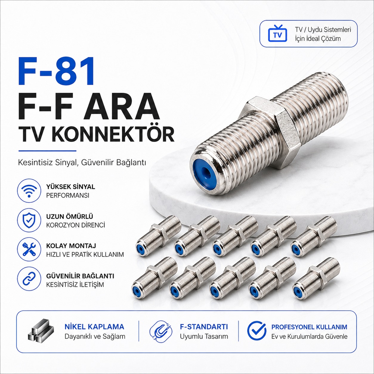 27mm F Dişi - F Dişi TV Ara Konnektör  Metal F/F Adaptör (50'Lİ Paket)