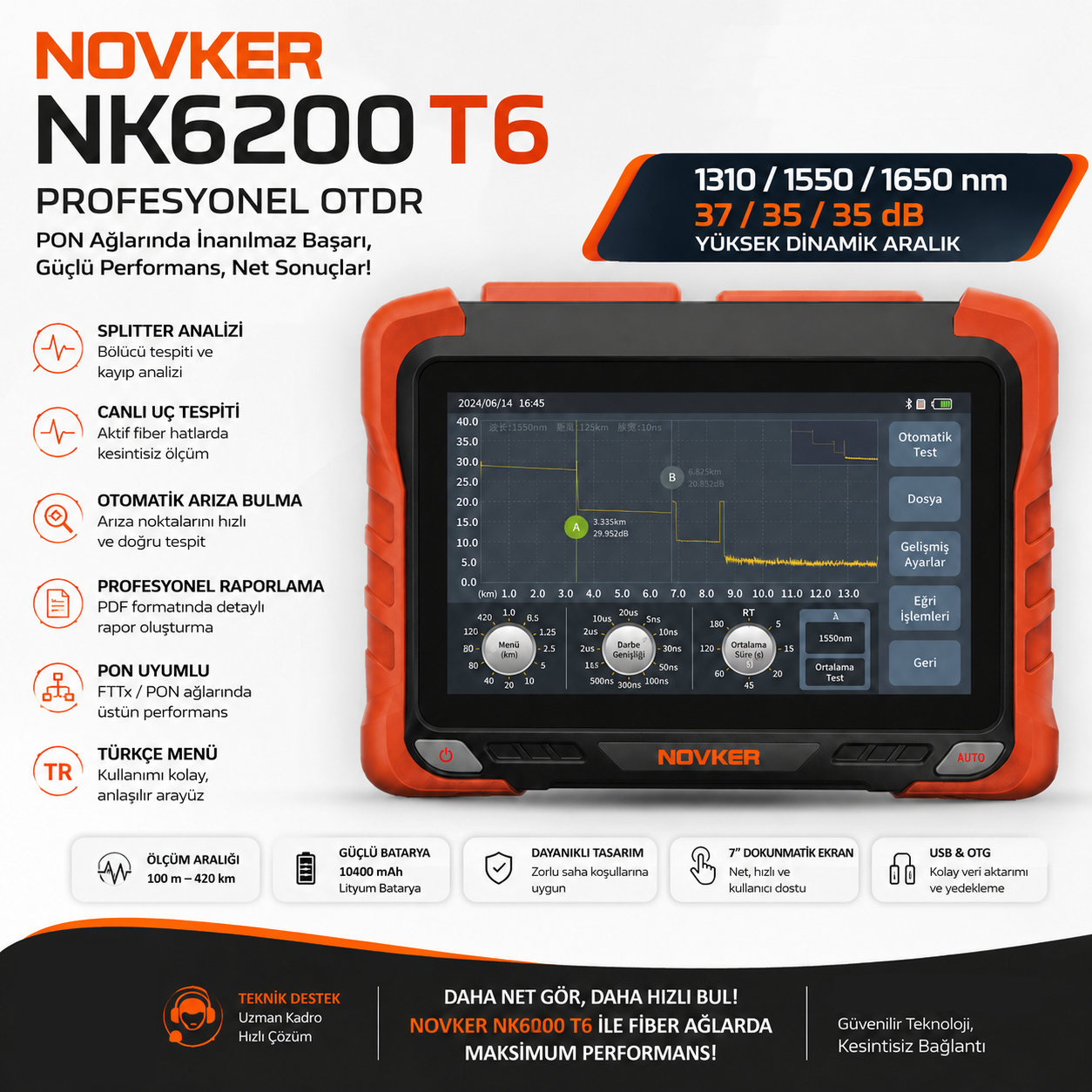 NOVKER NK6200 T6 OTDR 1310/1550/1650nm 37/35/35dB Türkçe Menü