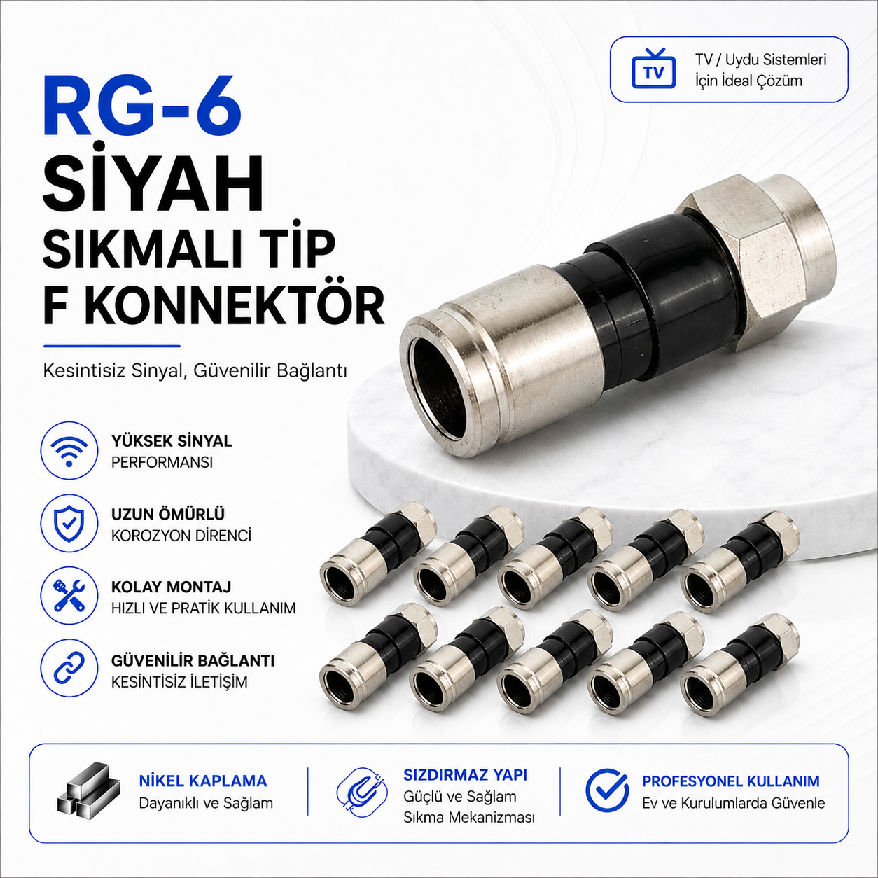 RG-6 Siyah Sıkmalı Tip F Konnektör (50'li Paket)