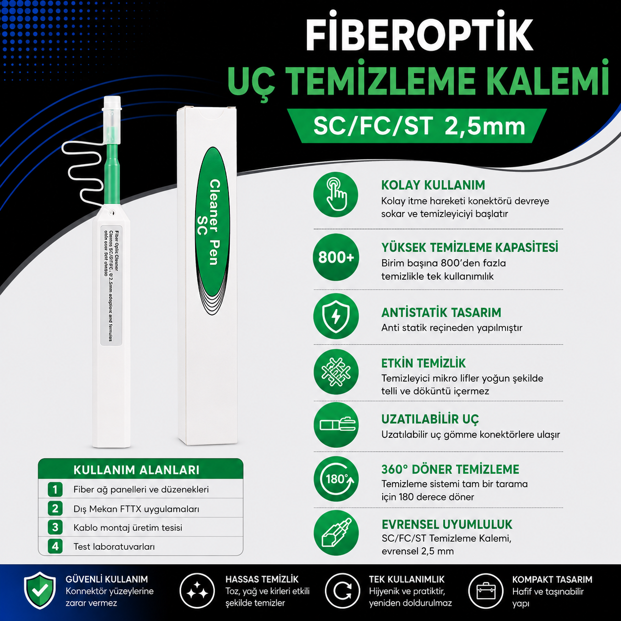 Fiberoptik Uç Temizleme Kalemi (SC/FC/ST 2,5Mm)